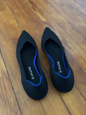Rothy's Black Pointed-Toe Flats with Blue Trim